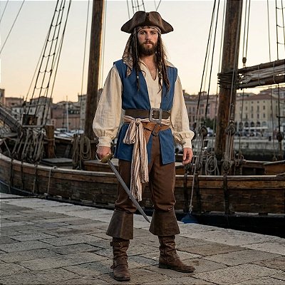 Fantasia Pirata do Caribe Azul Adulto - SOMENTE ALUGUEL