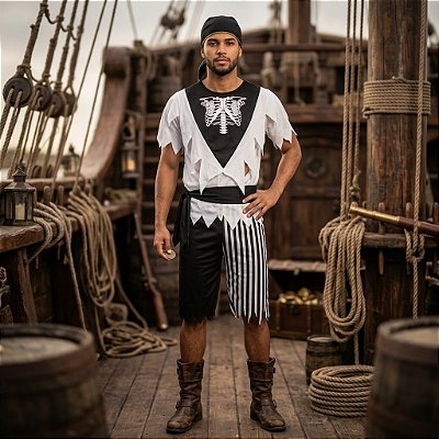 Fantasia Pirata Esqueleto Adulto - SOMENTE ALUGUEL