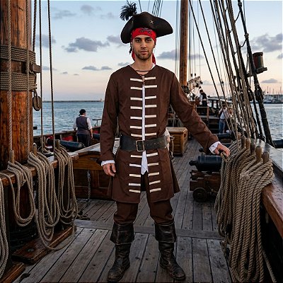 Fantasia Masculina Pirata Jack Sparrow Sobretudo Adulto - SOMENTE ALUGUEL
