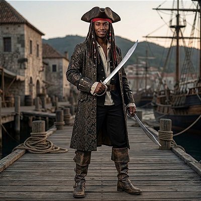 Fantasia Masculina Pirata Jack Sparrow Couro Adulto - SOMENTE ALUGUEL
