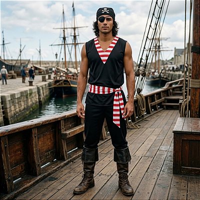 Fantasia Masculina Pirata Regata Listras Adulto - SOMENTE ALUGUEL