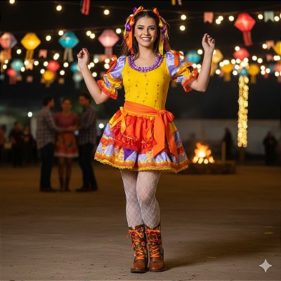 Fantasia Conjunto Feminino Junino Amarelo com Bandeiras Adulto - SOMENTE ALUGUEL
