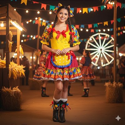 Fantasia Conjunto Feminina Junino Amarelo com Bolinhas Adulto - SOMENTE ALUGUEL