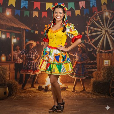 Fantasia Conjunto Feminino Junino Amarelo com Bolsos Adulto - SOMENTE ALUGUEL