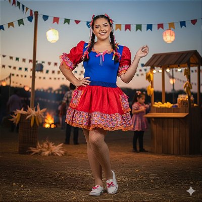 Fantasia Conjunto Feminino Junino Azul com Bolsos Adulto - SOMENTE ALUGUEL