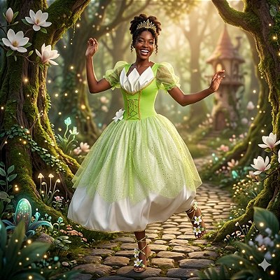 Fantasia Tiana Luxo Comprida Adulto - SOMENTE ALUGUEL