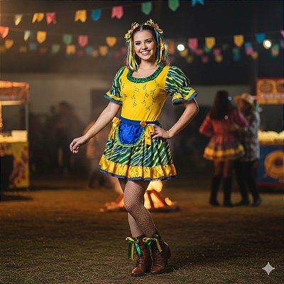 Fantasia Conjunto Feminino Junino Brasil Bandeiras Adulto - SOMENTE ALUGUEL