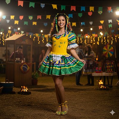 Fantasia Conjunto Feminino Junino Brasil Avental Adulto - SOMENTE ALUGUEL