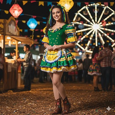 Fantasia Conjunto Feminino Junino Brasil Verde Adulto- SOMENTE ALUGUEL