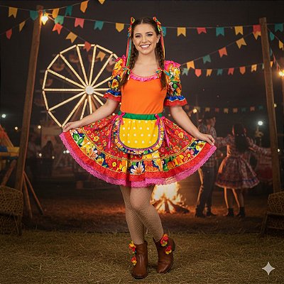 Fantasia Conjunto Feminino Junino Laranja com Bolinhas Adulto - SOMENTE ALUGUEL