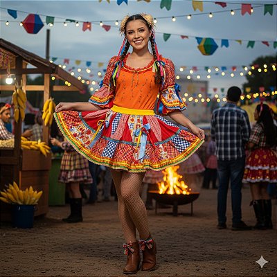 Fantasia Conjunto Feminino Junino Laranja com Xadrez Adulto - SOMENTE ALUGUEL