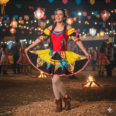 Fantasia Conjunto Feminino Junino Vermelho Laços Luxo - SOMENTE ALUGUEL