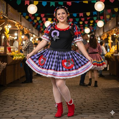 Fantasia Conjunto Feminino Junino Preto com Bolinhas Adulto - SOMENTE ALUGUEL
