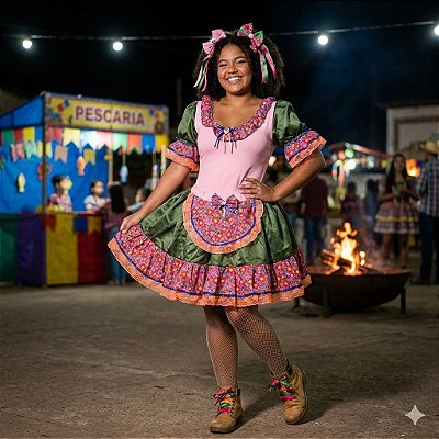 Fantasia Conjunto Feminino Junino Rosa com Florsinhas Adulto - SOMENTE ALUGUEL