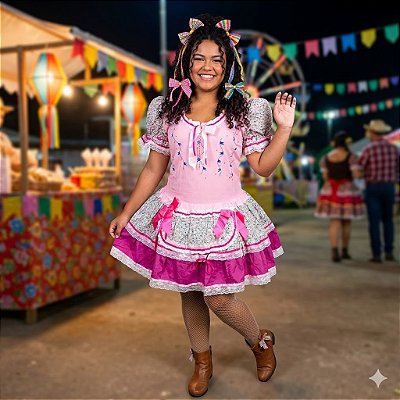 Fantasia Conjunto Feminino Junino Rosa com Fitas Adulto - SOMENTE ALUGUEL