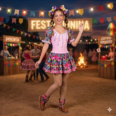 Fantasia Conjunto Feminino Junino Rosa com Flores Adulto - SOMENTE ALUGUEL