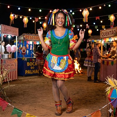 Fantasia Conjunto Feminino Junino Verde com Bandeiras Adulto - SOMENTE ALUGUEL