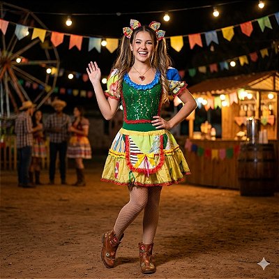 Fantasia Conjunto Feminino Junino Verde com Rendas Adulto - SOMENTE ALUGUEL