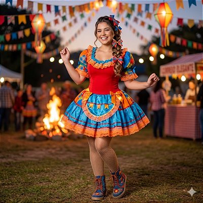 Fantasia Conjunto Feminino Junino Vermelho com Rendas Adulto - SOMENTE ALUGUEL