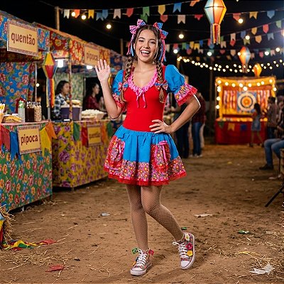 Fantasia Conjunto Feminino Junino Vermelho Florido Adulto - SOMENTE ALUGUEL