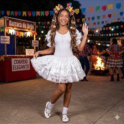 Fantasia Noiva Junina Collant Branca Adulto - SOMENTE ALUGUEL