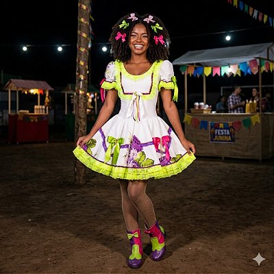 Fantasia Noiva Junina Flores com Renda Neon Adulto - SOMENTE ALUGUEL