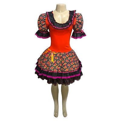 Vestido Junino Florido com Barra Preta - SOMENTE ALUGUEL