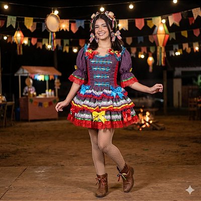 Fantasia Vestido Junino de Camadas com Rendas Adulto - SOMENTE ALUGUEL