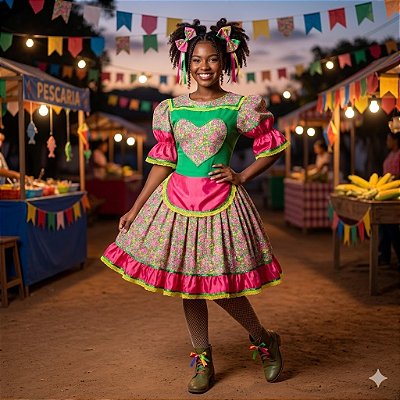 Fantasia Vestido Junino com Coração Florido Adulto - SOMENTE ALUGUEL