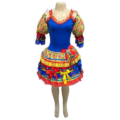 Vestido Junino Luxo com Mangas em Xadrez - SOMENTE ALUGUEL