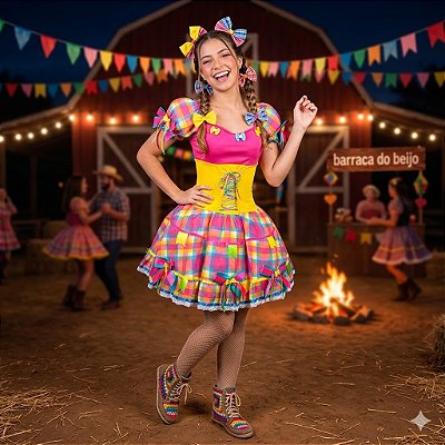 Fantasia Vestido Junino Luxo Trançado com Bandeirinhas Adulto - SOMENTE ALUGUEL
