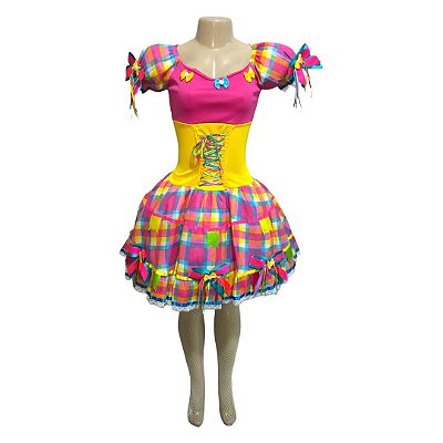 Vestido Junino Luxo Trançado com Bandeirinhas - SOMENTE ALUGUEL