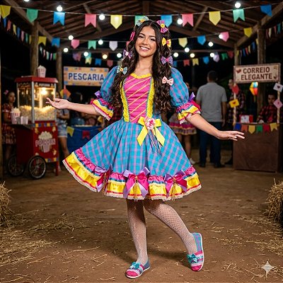 Fantasia Vestido Junino Luxo Xadrez com Laços Adulto - SOMENTE ALUGUEL