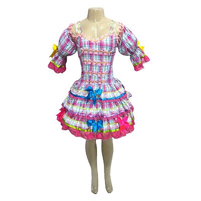 Vestido Junino Luxo Xadrez com Alças - SOMENTE ALUGUEL