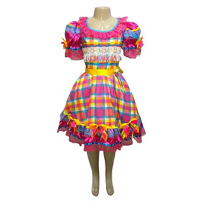 Vestido Junino Luxo Xadrez com Laços e Rendas - SOMENTE ALUGUEL