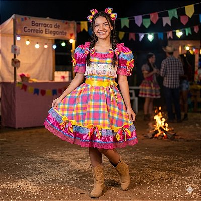 Fantasia Vestido Junino Luxo Xadrez com Laços e Rendas Adulto - SOMENTE ALUGUEL