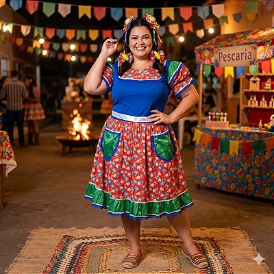 Fantasia Vestido Junino Plus com Bolsos Adulto - SOMENTE ALUGUEL