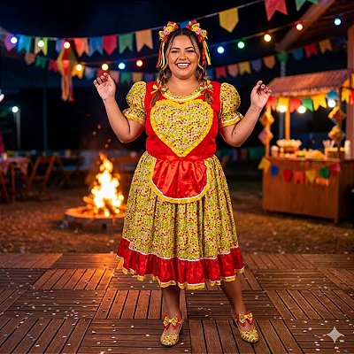 Fantasia Vestido Junino Plus com Coração Adulto - SOMENTE ALUGUEL