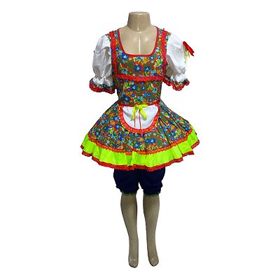Vestido Junino Curto com Avental e Laço Verde - SOMENTE ALUGUEL