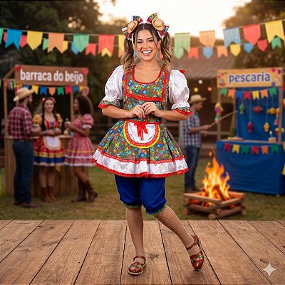 Fantasia Vestido Junino Curto com Avental e Laço Vermelho Adulto - SOMENTE ALUGUEL