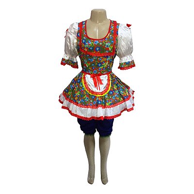 Vestido Junino Curto com Avental e Laço Vermelho - SOMENTE ALUGUEL