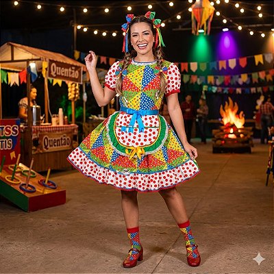 Fantasia Vestido Junino Mosaico com Bolinhas Adulto - SOMENTE ALUGUEL