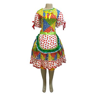 Vestido Junino Mosaico com Bolinhas e Laços - SOMENTE ALUGUEL