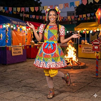 Fantasia Vestido Junino Mosaico com Avental Vermelho Adulto - SOMENTE ALUGUEL