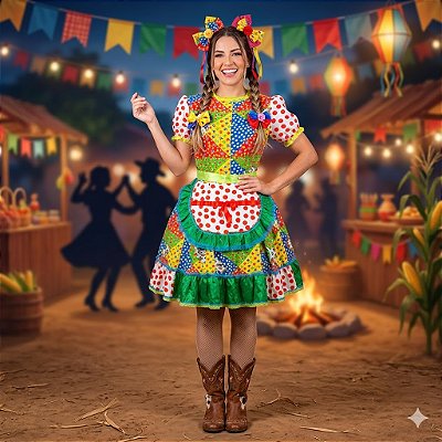 Fantasia Vestido Junino Mosaico com Faixa Vermelho Adulto - SOMENTE ALUGUEL