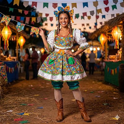 Fantasia Vestido Junino Curto com Bolsos Adulto - SOMENTE ALUGUEL