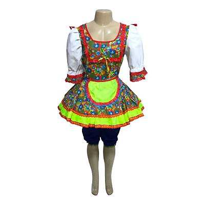 Vestido Junino Curto com Avental Neon - SOMENTE ALUGUEL