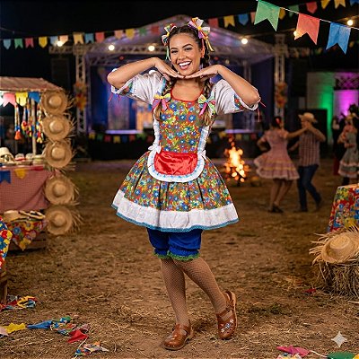 Fantasia Vestido Junino Curto com Avental Vermelho Adulto - SOMENTE ALUGUEL