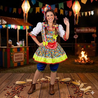 Fantasia Vestido Junino Curto Avental com Laço Adulto - SOMENTE ALUGUEL