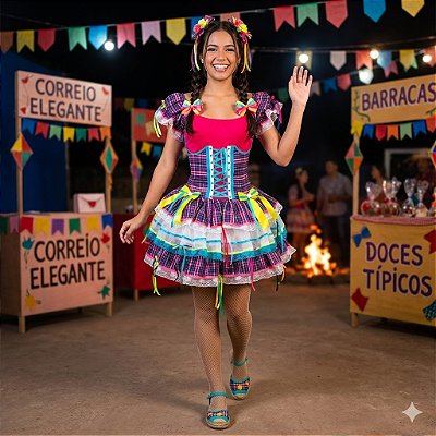 Fantasia Vestido Junino Super Luxo Catarina com Corselet Adulto - SOMENTE ALUGUEL